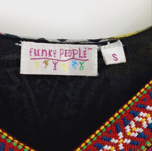 Funky Pepple Tunic Size S Multicolor Patchwork Print Lace Layered Cotton V-Neck - Picture 2 of 9